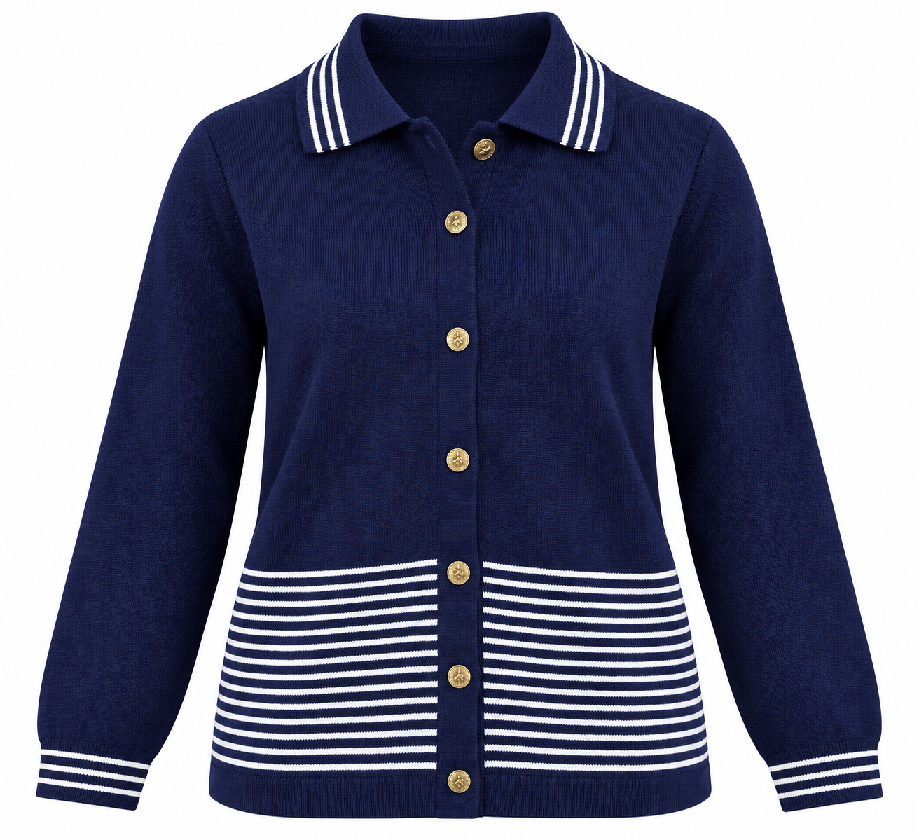 CLAIRE NEUVILLE women’s navy striped knit cardigan in UK Size 2XL, featuring gold-tone buttons, long sleeves and classic white stripe detailing.