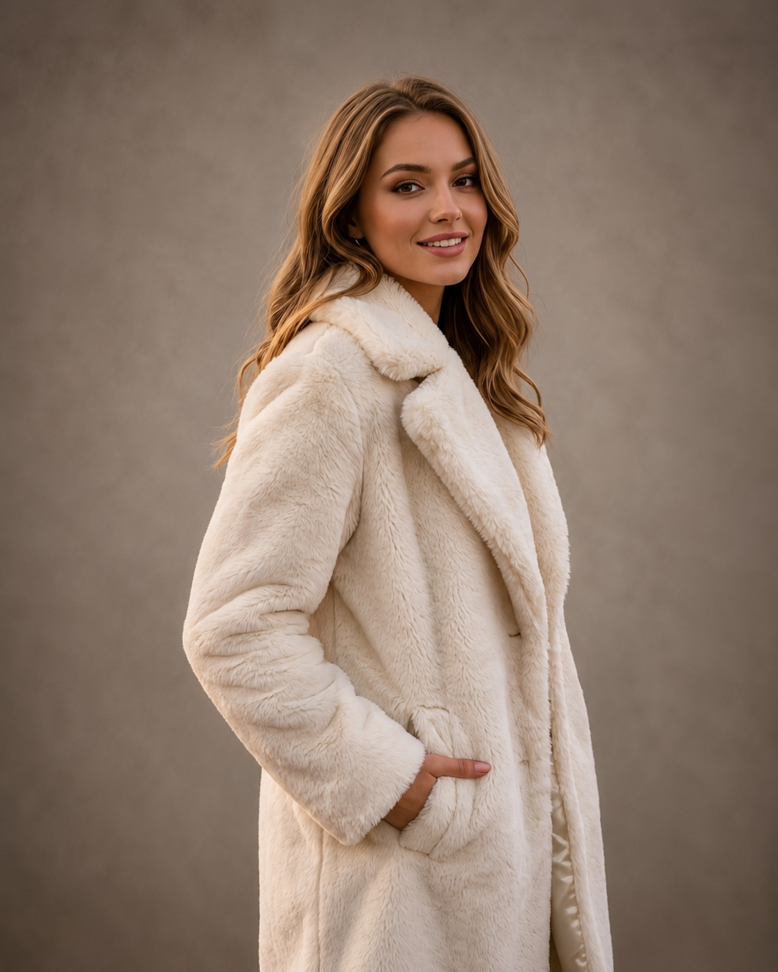 Cream faux fur coat - women's winter coat, UK brand New Look, Pakistan