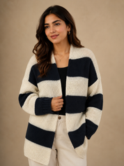 Terranova Women's Navy & Cream Striped Open Front Knit Cardigan