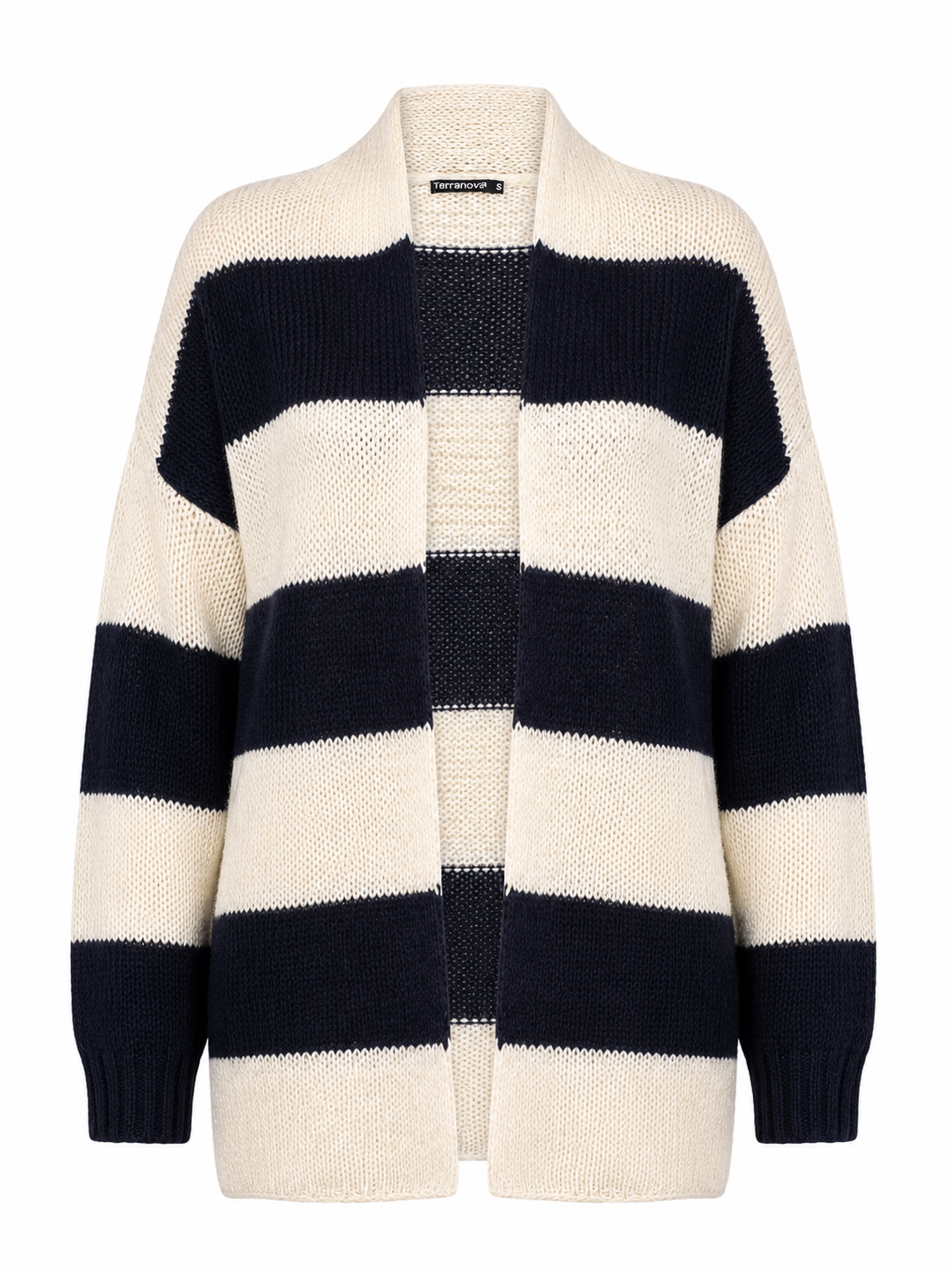 Terranova Women's Navy & Cream Striped Open Front Knit Cardigan