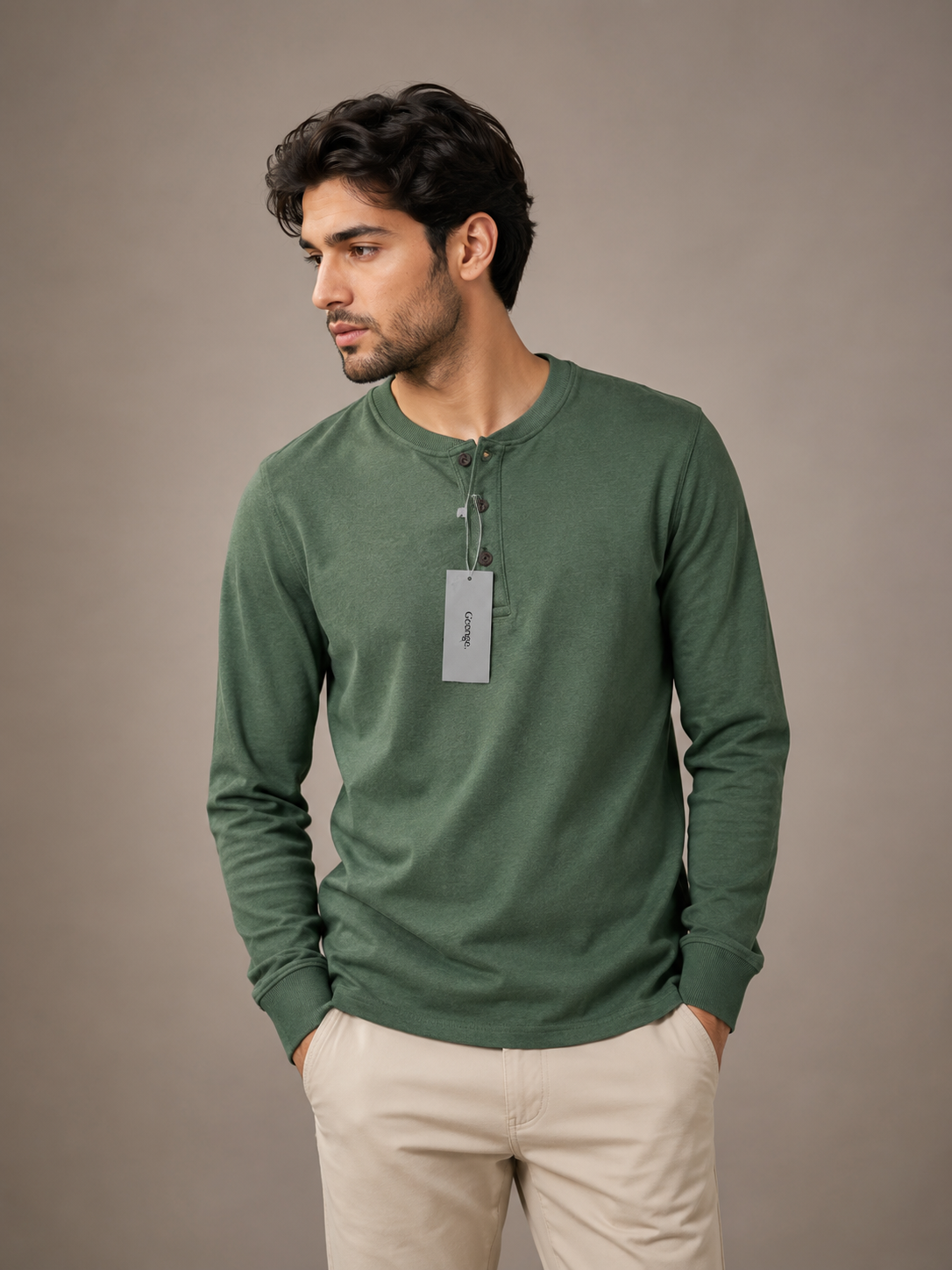 George Men's Olive Green Long Sleeve Henley T-Shirt