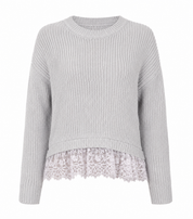 Girls Light Grey Knitted Sweater with Lace Hem