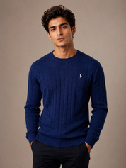 Polo Navy Blue Cable Knit Crew Neck Sweater for Men