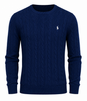 Polo Navy Blue Cable Knit Crew Neck Sweater for Men