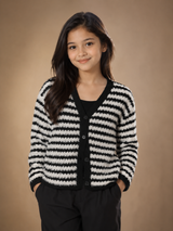 TU Kids Girls Black & White Striped Fuzzy Knit Button Cardigan