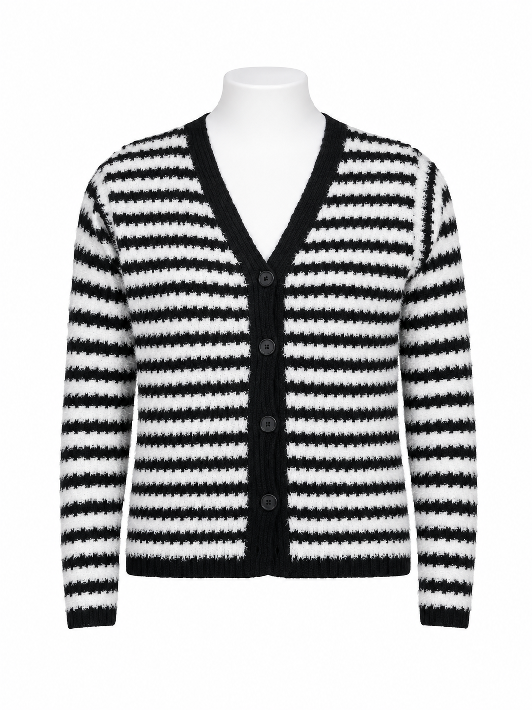 TU Kids Girls Black & White Striped Fuzzy Knit Button Cardigan