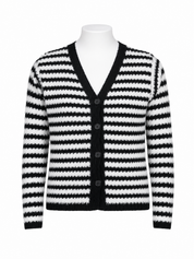 TU Kids Girls Black & White Striped Fuzzy Knit Button Cardigan