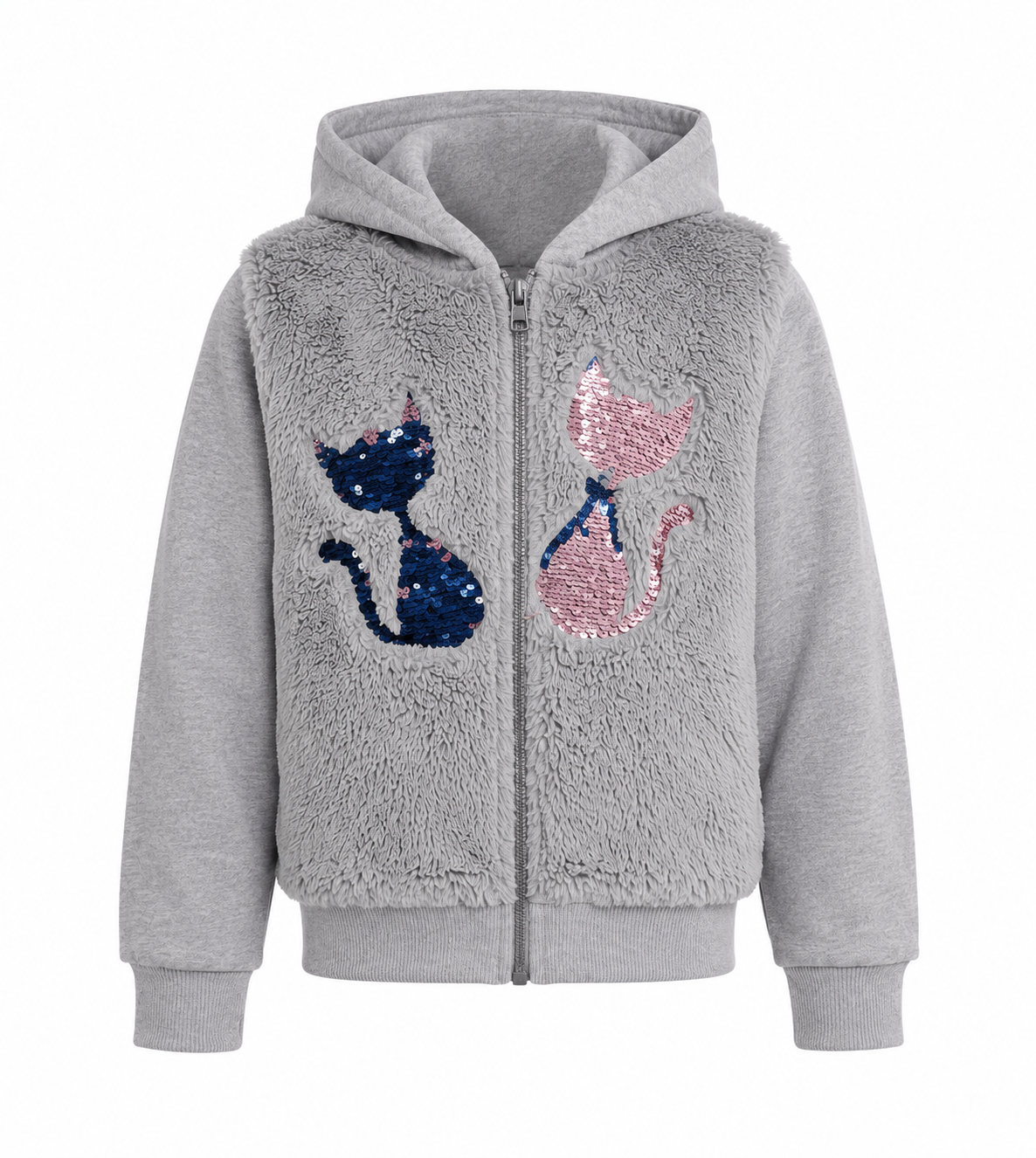 Girls Grey Faux Fur Cat Sequin Zip-Up Hoodie