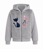 Girls Grey Faux Fur Cat Sequin Zip-Up Hoodie