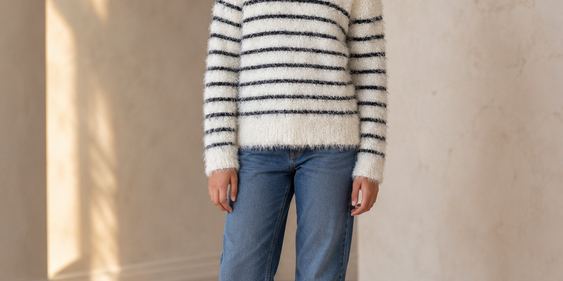 F&F girls white striped fluffy knit sweater UK brand Pakistan