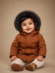 Kids Brown Faux Fur Hooded Winter Puffer Jacket