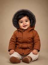 Kids Brown Faux Fur Hooded Winter Puffer Jacket