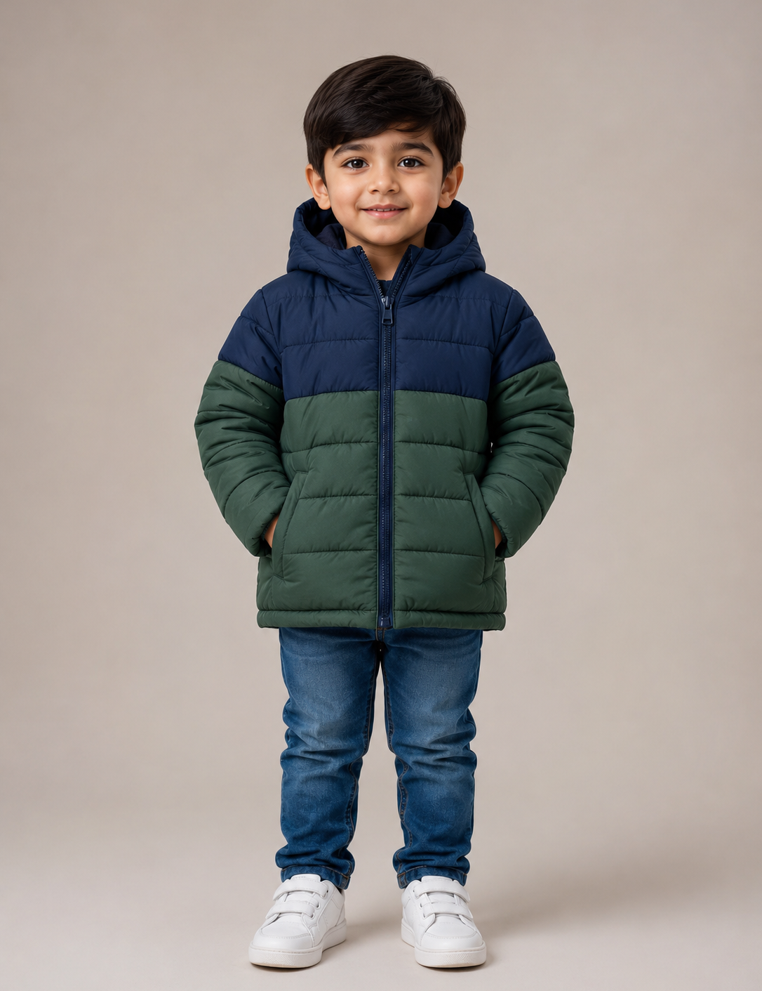 Kids navy and green color block hooded puffer jacket Pakistan
