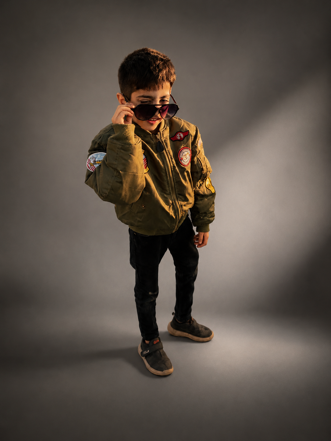Kids Olive Green Military Style Bomber Jacket