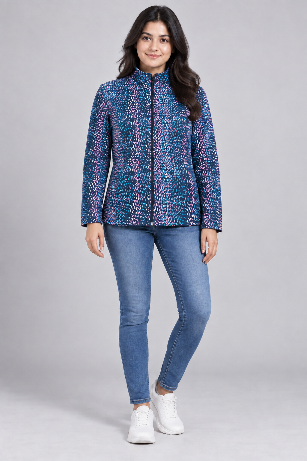 M&S Women Navy Multicolour Printed Zip-Up Fleece Jacket