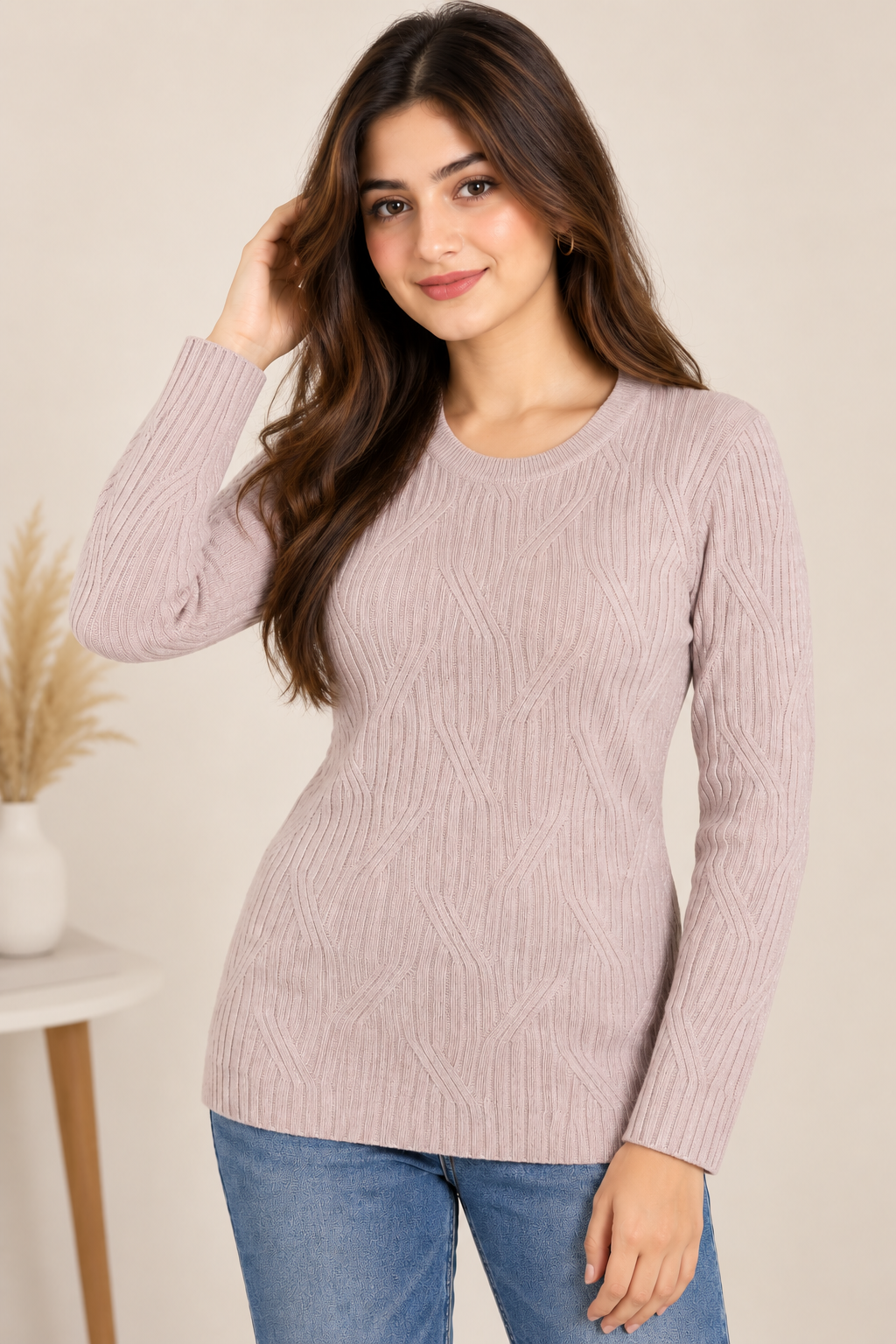 SELECT Women Pink Cable Knit Round Neck Jumper