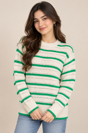 NUTMEG Women Cream & Green Striped Open-Knit Jumper