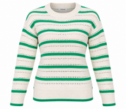 NUTMEG Women Cream & Green Striped Open-Knit Jumper