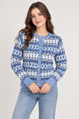 ReServed Labels Women Blue & White Fair Isle Knit Cardigan