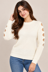 Atmosphere Women Cream Ribbed Cut-Out Sleeve Jumper