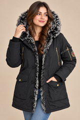 GLORIOUS GANGSTA Women Black Faux Fur Hooded Long Parka Jacket