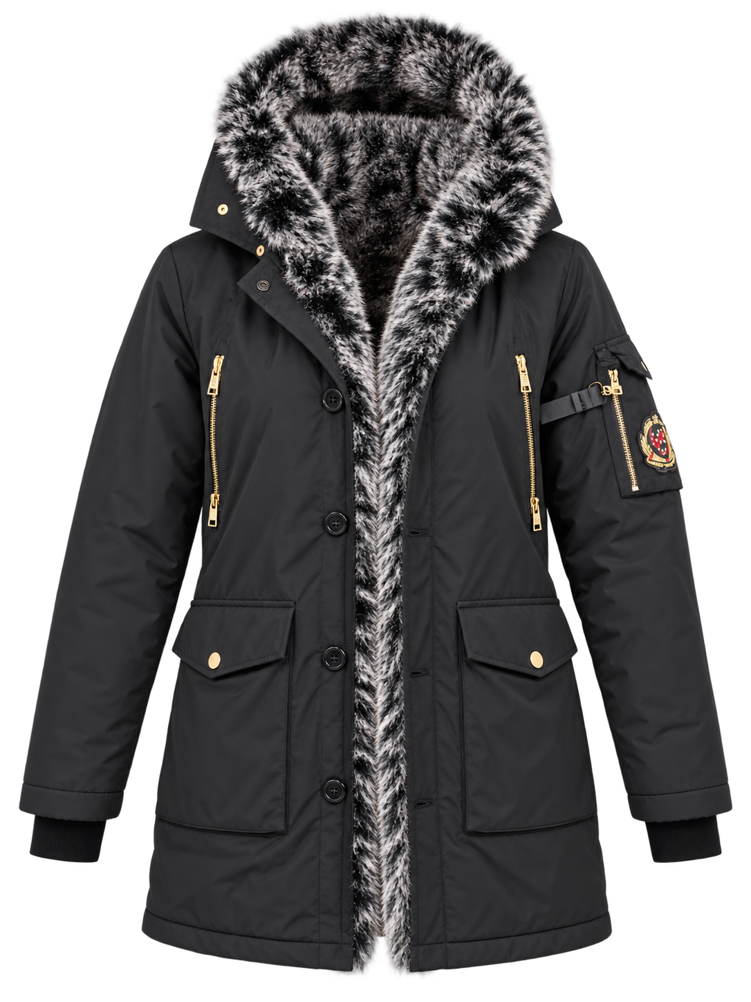 GLORIOUS GANGSTA Women Black Faux Fur Hooded Long Parka Jacket