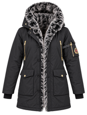 GLORIOUS GANGSTA Women Black Faux Fur Hooded Long Parka Jacket