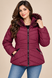 GEORGE Women Burgundy Quilted Puffer Jacket with Faux Fur Hood