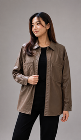 PRIMARK Womens Leather Shirt Jacket Taupe Brown