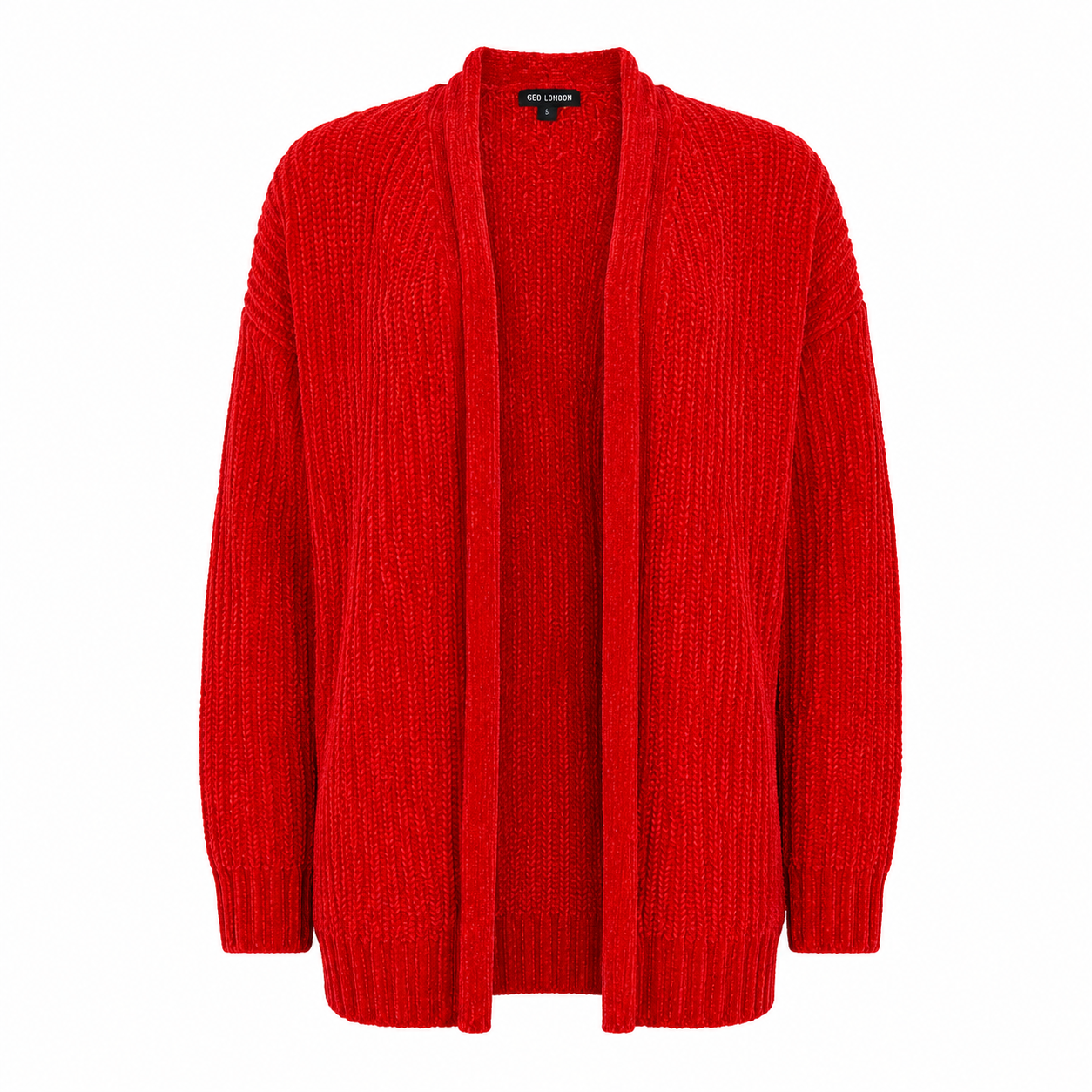 Shop the GEO LONDON Women's Red Chenille Knit Cardigan. Soft, warm, and stylish open-front sweater featuring a relaxed fit, long sleeves, and premium comfort for everyday wear.