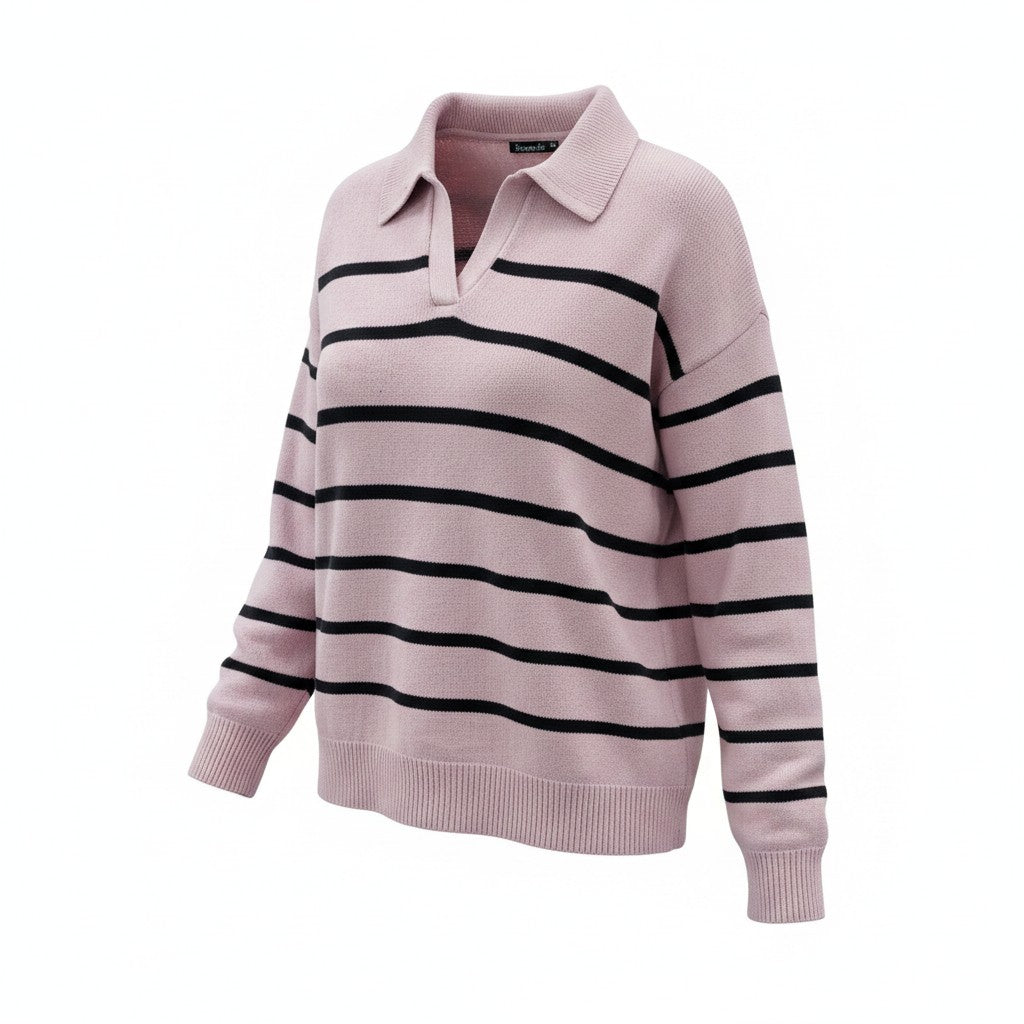 Bonmarché Women's Pink & Black Striped Collared Knitted Sweater