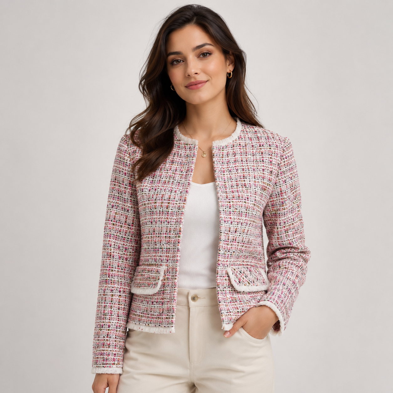 Upgrade your wardrobe with this elegant HÉLÈNE BERMAN London women's tweed jacket, designed to add timeless sophistication to any outfit. Crafted from premium textured tweed fabric in a beautiful blend of pink, white, black, and subtle multicolor threads, this jacket delivers a luxurious designer look.