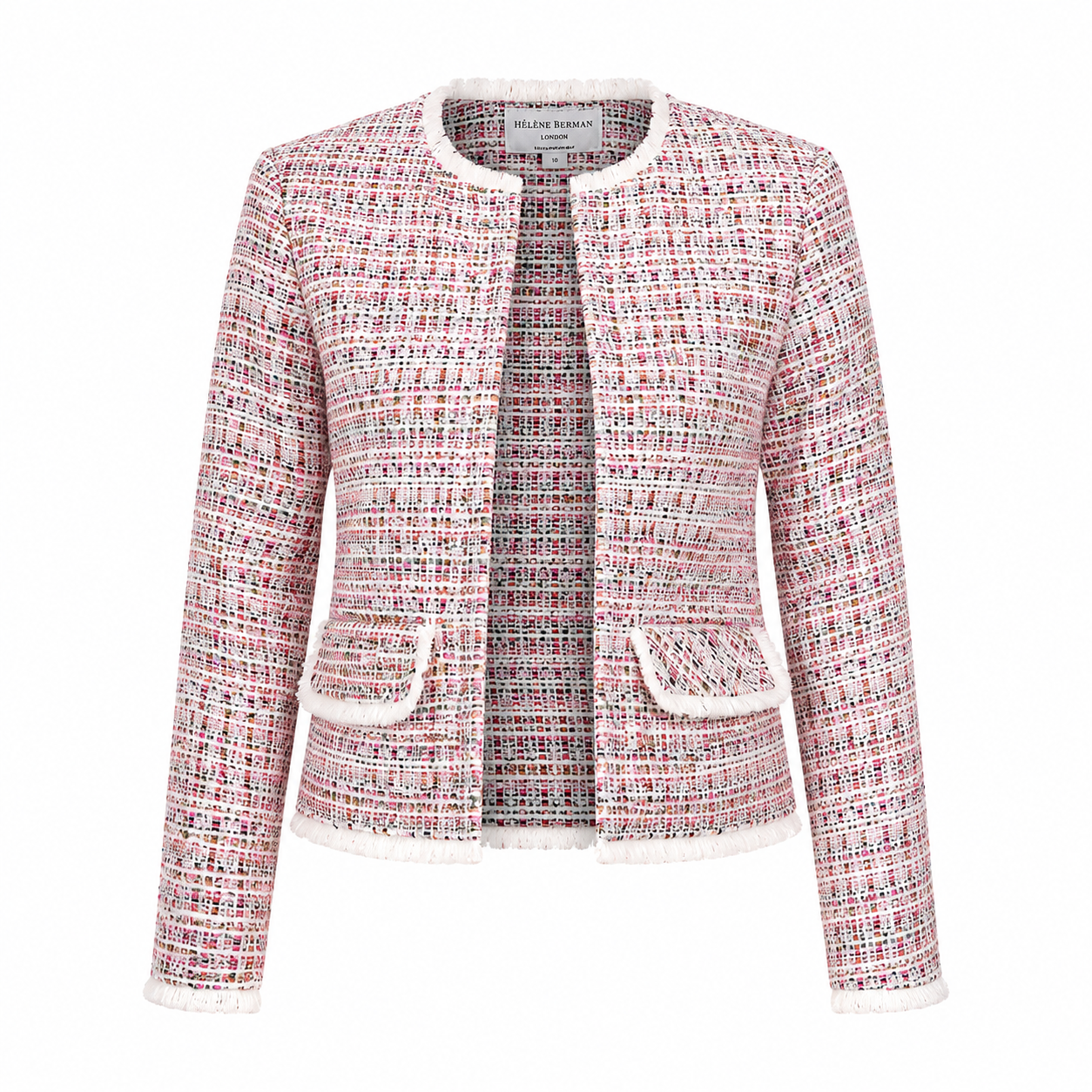 Upgrade your wardrobe with this elegant HÉLÈNE BERMAN London women's tweed jacket, designed to add timeless sophistication to any outfit. Crafted from premium textured tweed fabric in a beautiful blend of pink, white, black, and subtle multicolor threads, this jacket delivers a luxurious designer look.