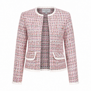 Upgrade your wardrobe with this elegant HÉLÈNE BERMAN London women's tweed jacket, designed to add timeless sophistication to any outfit. Crafted from premium textured tweed fabric in a beautiful blend of pink, white, black, and subtle multicolor threads, this jacket delivers a luxurious designer look.