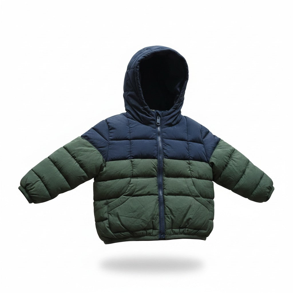 Kids color block hooded puffer jacket detail view Pakistan