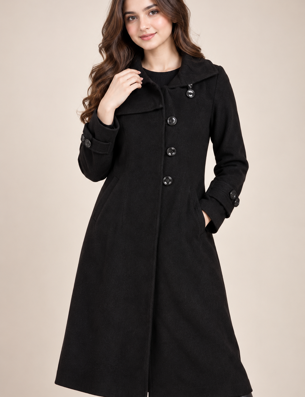 A A FASHION women’s black long coat in UK Size M. Elegant button-front winter coat with a tailored fit, long sleeves and stylish collar.