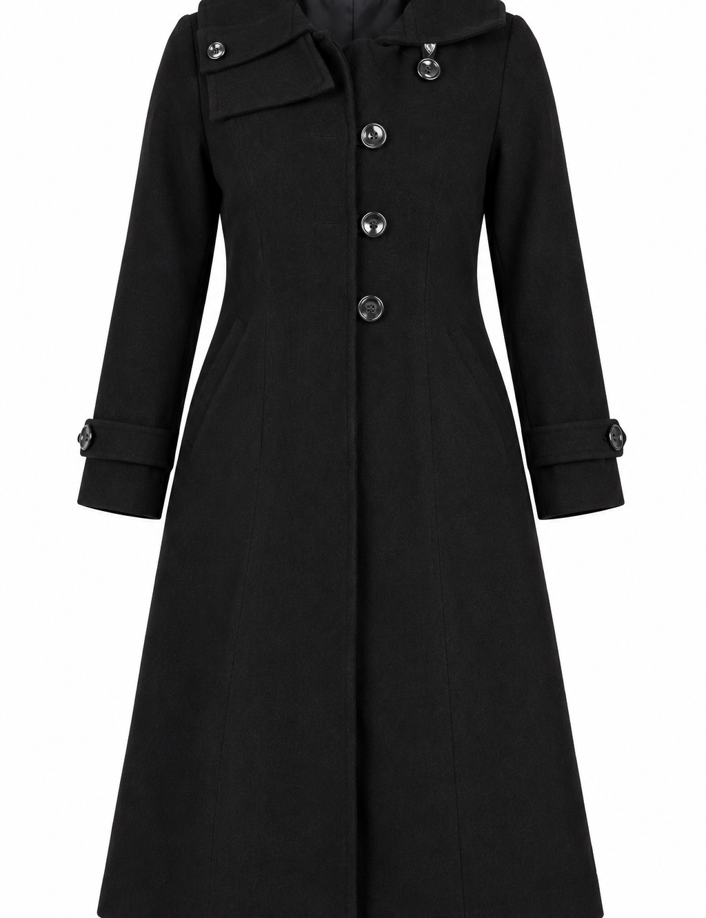 A A FASHION women’s black long coat in UK Size M. Elegant button-front winter coat with a tailored fit, long sleeves and stylish collar.