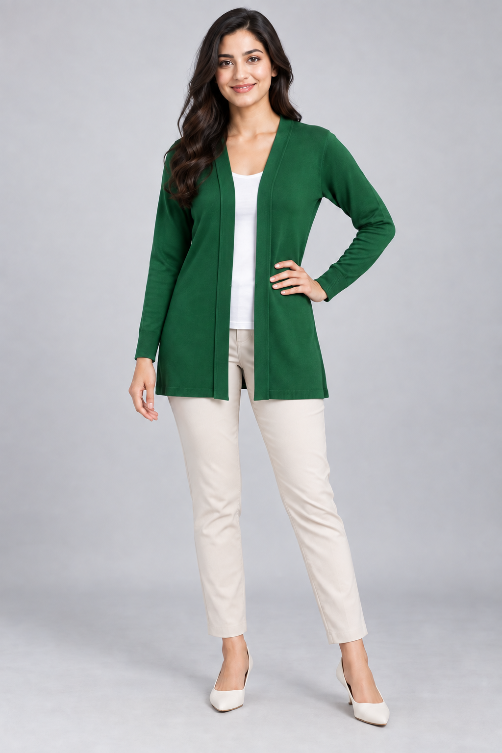   Aamilife emerald green open-front cardigan in UK size XL. Soft longline knit with long sleeves—ideal for stylish everyday layering.