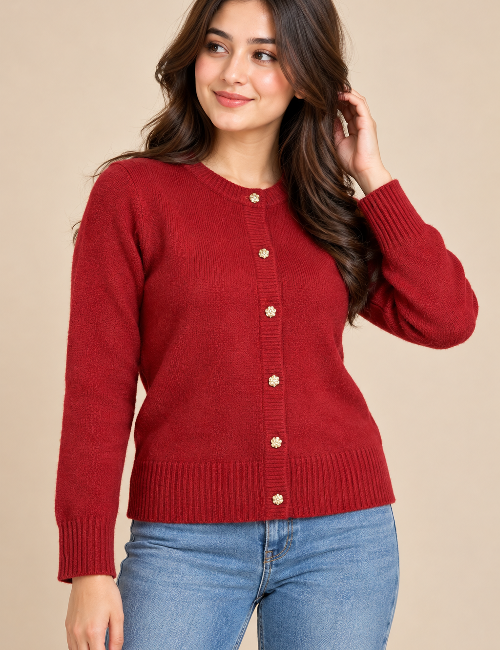 Abercrombie & Fitch women’s red knit cardigan in UK Size M, featuring elegant gold-tone buttons, long sleeves and classic ribbed detailing.