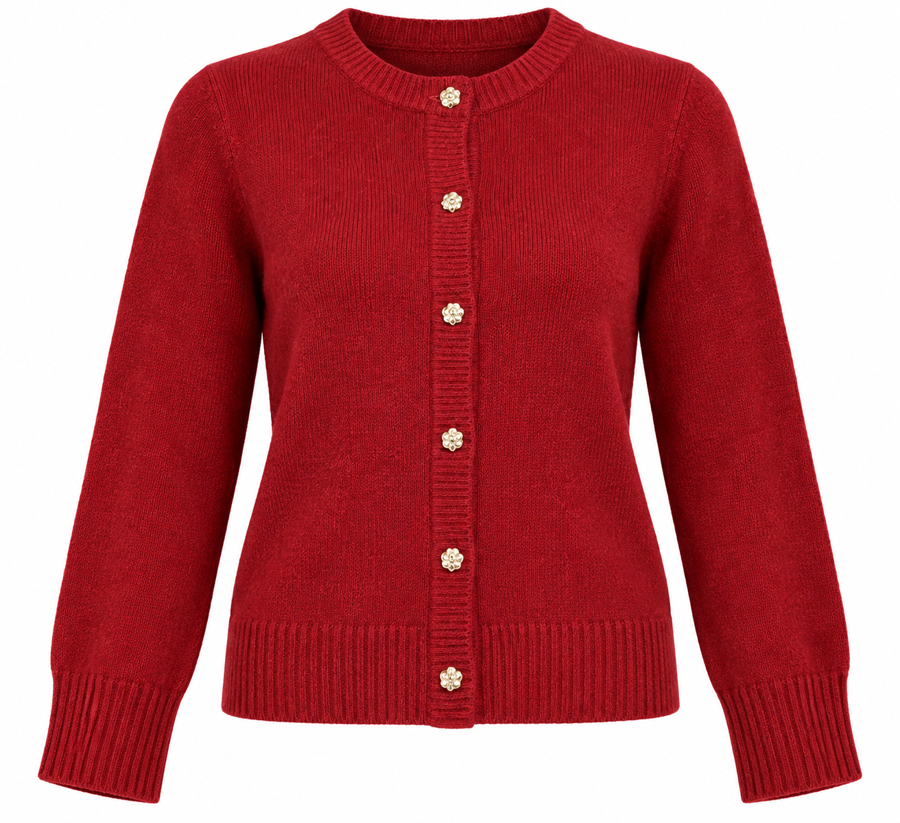Abercrombie & Fitch women’s red knit cardigan in UK Size M, featuring elegant gold-tone buttons, long sleeves and classic ribbed detailing.