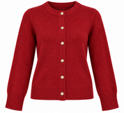 Abercrombie & Fitch women’s red knit cardigan in UK Size M, featuring elegant gold-tone buttons, long sleeves and classic ribbed detailing.