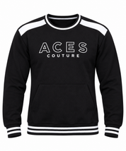 ACES COUTURE Men's Black & White Logo Sweatshirt in UK XL. Chest 22", length 27". Stylish crew neck pullover with kangaroo pocket. Shop now!