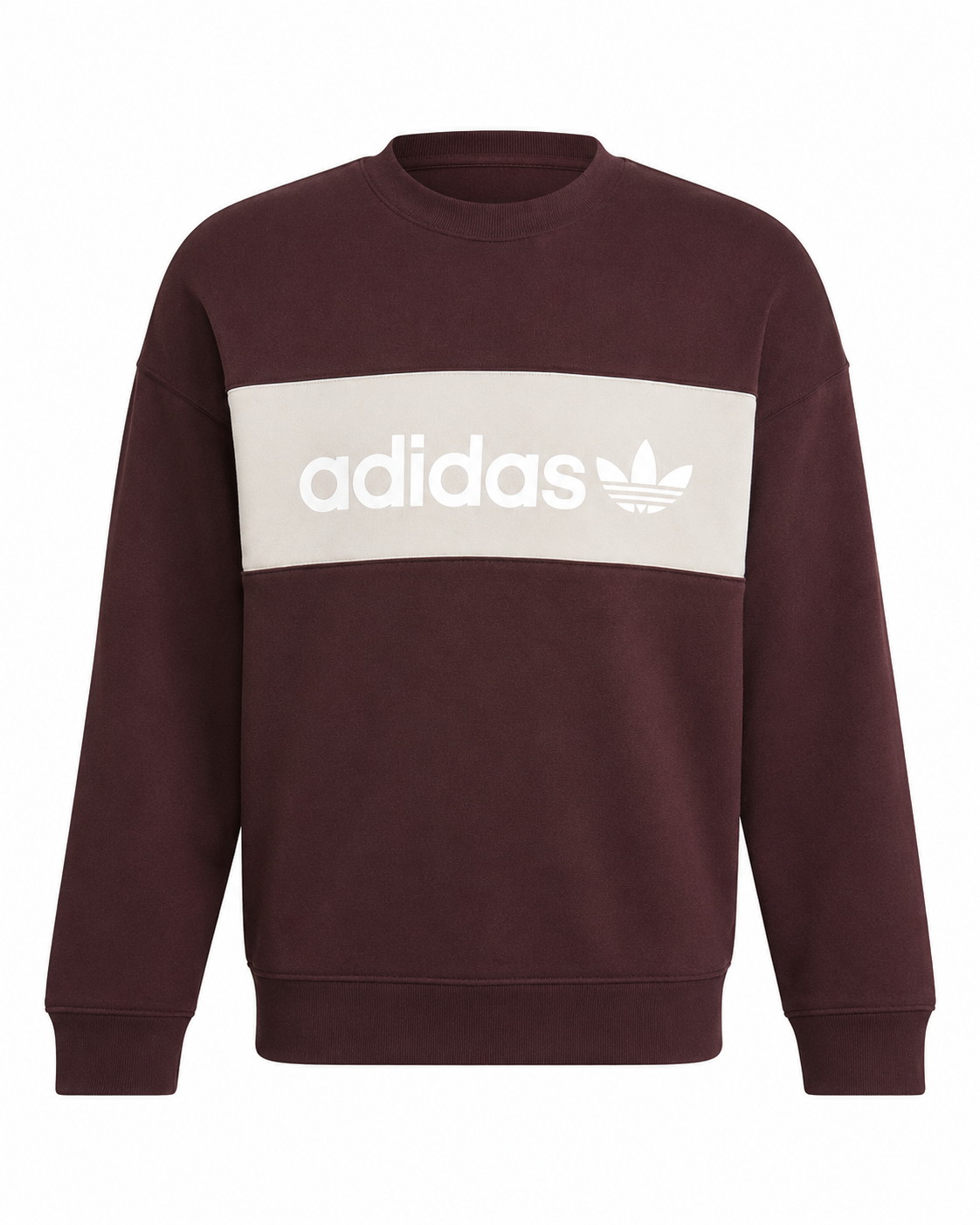  Adidas Burgundy Crew Neck Sweatshirt featuring a stylish cream logo chest panel. Premium men's casual sweatshirt with a comfortable fit, perfect for everyday wear and streetwear fashion.