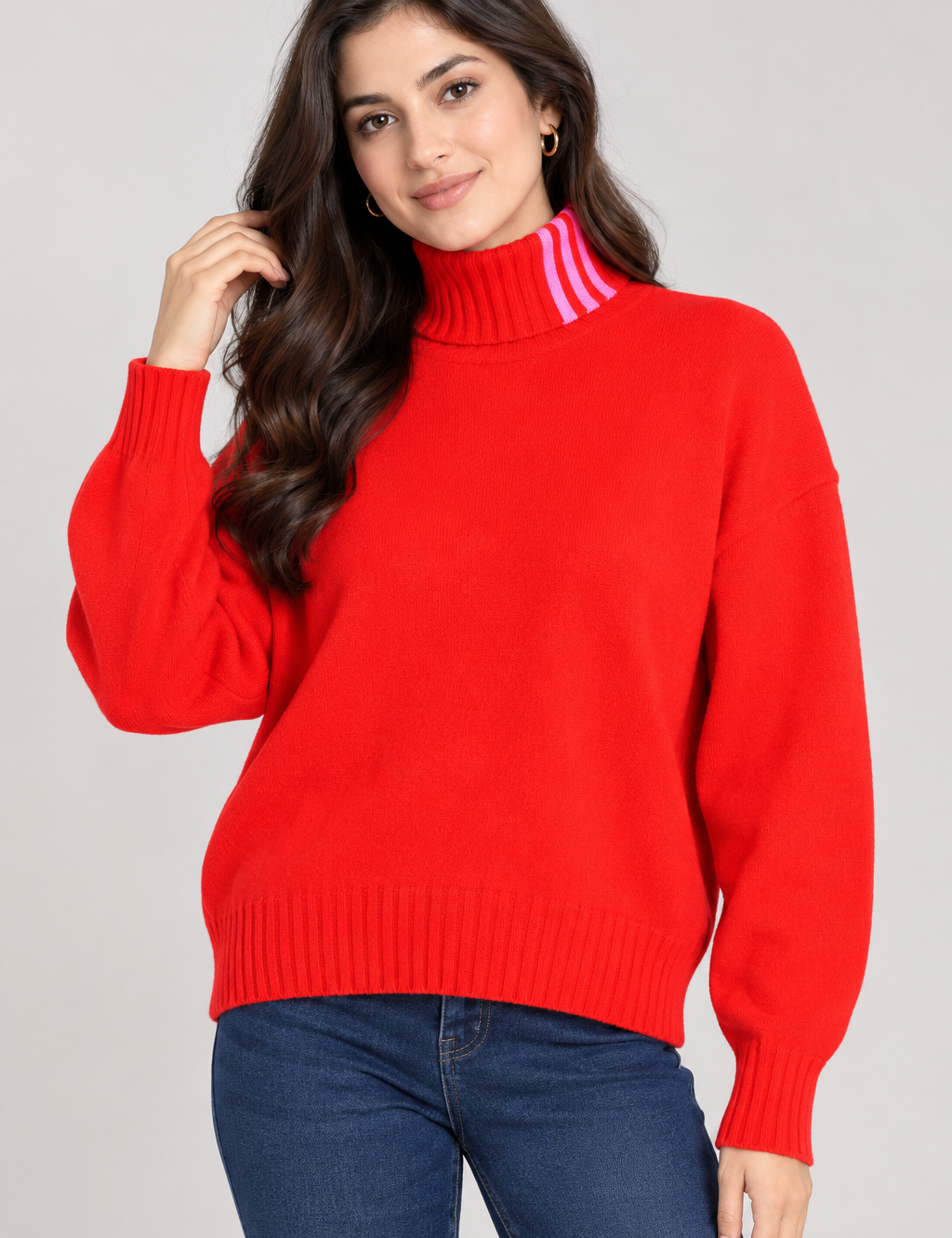  Adidas women’s red ribbed turtleneck jumper, UK size L, featuring three pink neck stripes, long sleeves and a stylish casual design.