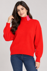 Adidas Women Red Ribbed Turtleneck Jumper with Pink Stripe