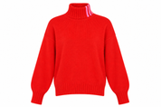  Adidas women’s red ribbed turtleneck jumper, UK size L, featuring three pink neck stripes, long sleeves and a stylish casual design.