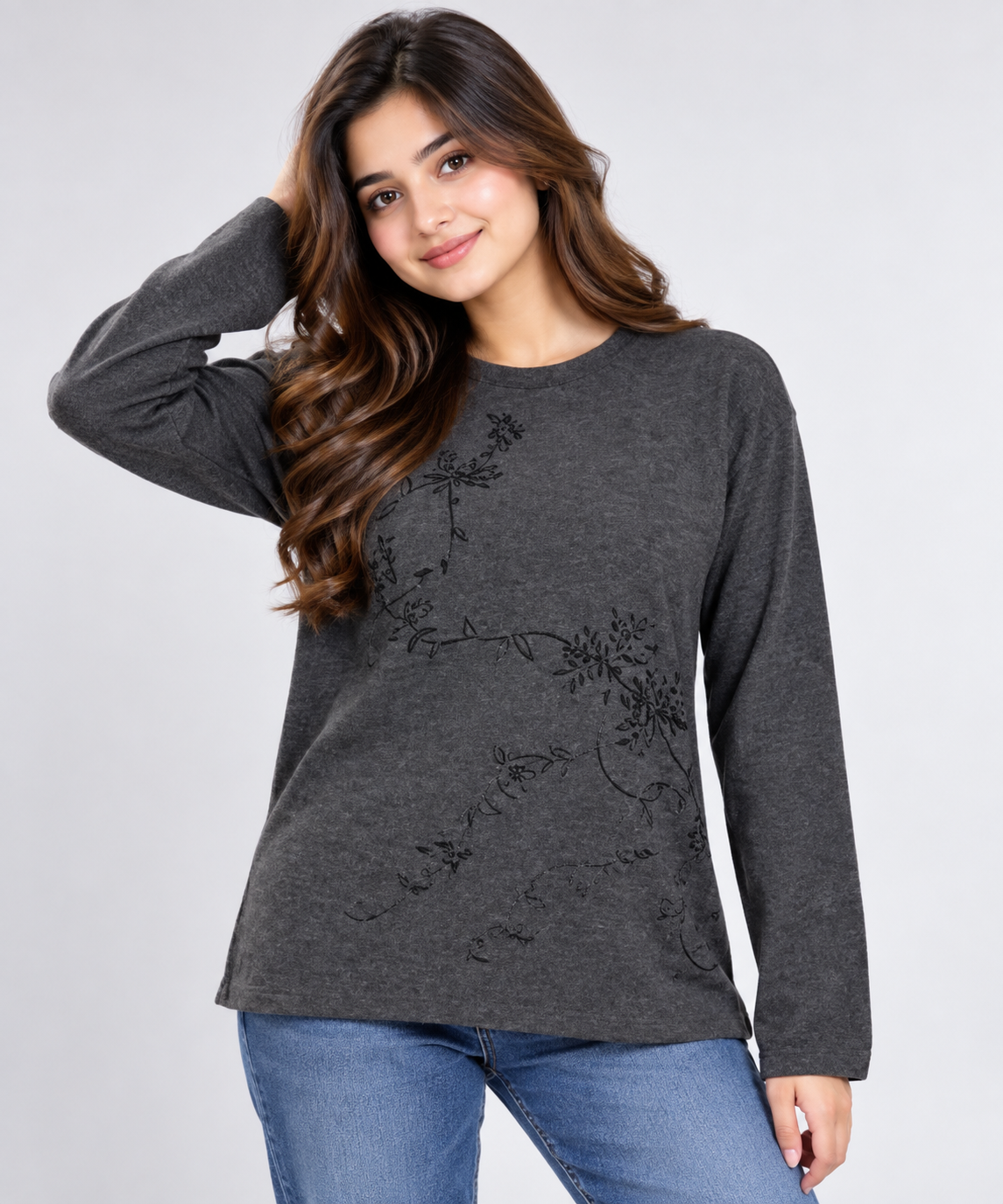 AKAL COLLECTION women’s charcoal grey floral long sleeve top in UK Size L. Stylish round-neck design with subtle black floral detailing.