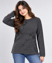 AKAL COLLECTION women’s charcoal grey floral long sleeve top in UK Size L. Stylish round-neck design with subtle black floral detailing.