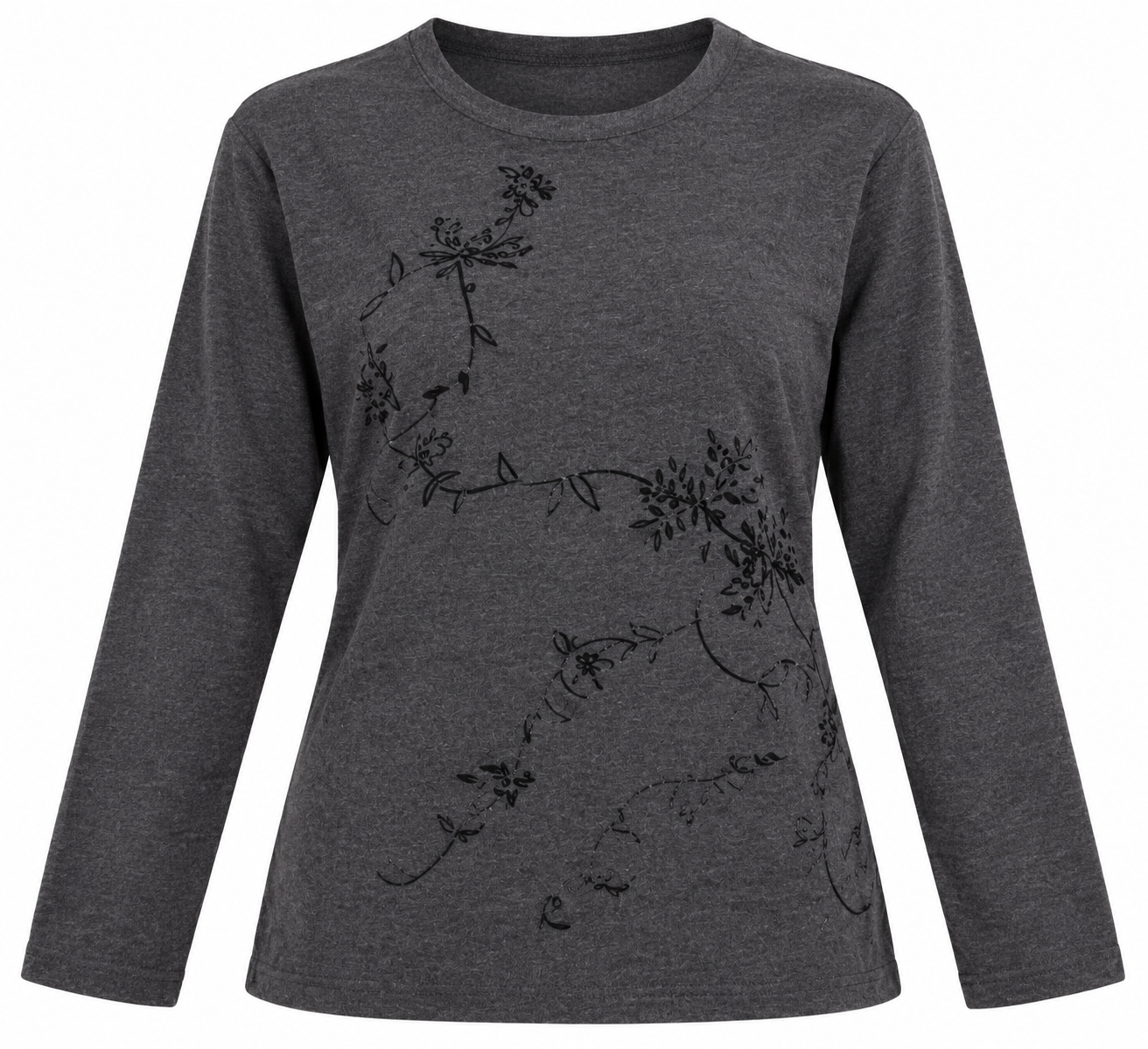 AKAL COLLECTION women’s charcoal grey floral long sleeve top in UK Size L. Stylish round-neck design with subtle black floral detailing.