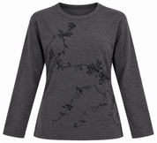 AKAL COLLECTION women’s charcoal grey floral long sleeve top in UK Size L. Stylish round-neck design with subtle black floral detailing.